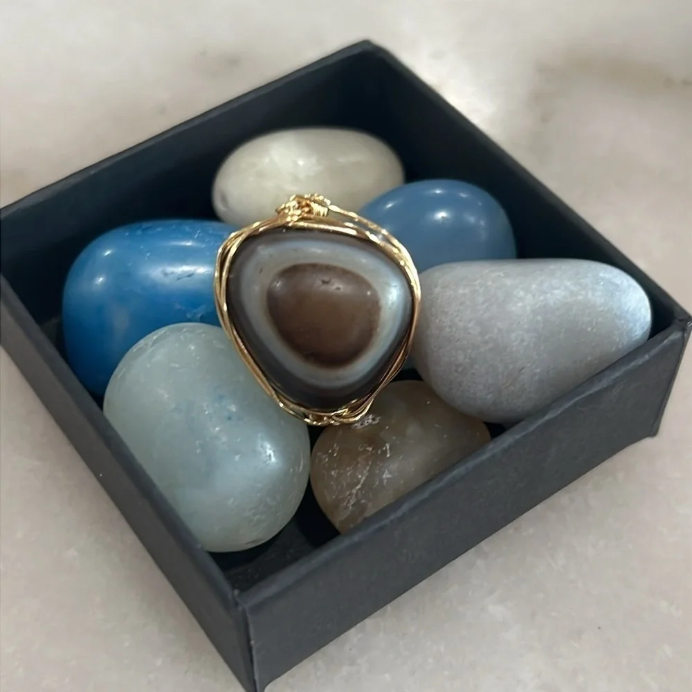 Handmade Eye Agate Adjustable Ring Gold Wire Wrapped Protection Statement Ring